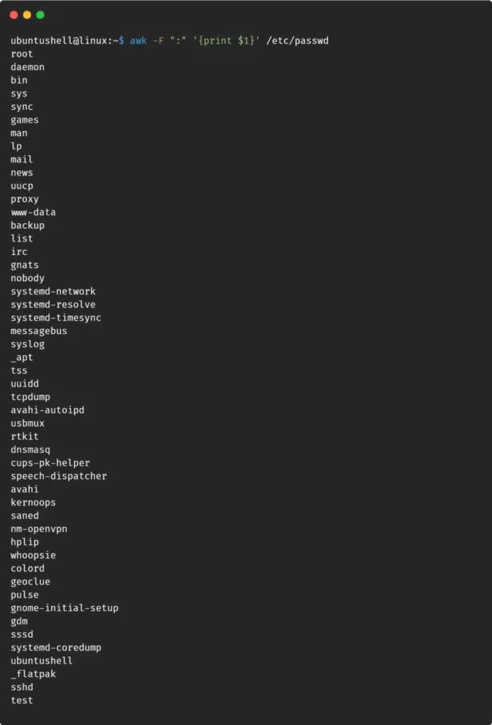 Listing user using awk command