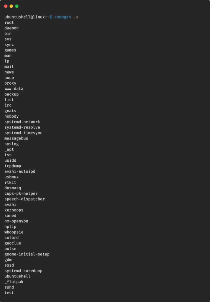 Listing user using compgen command