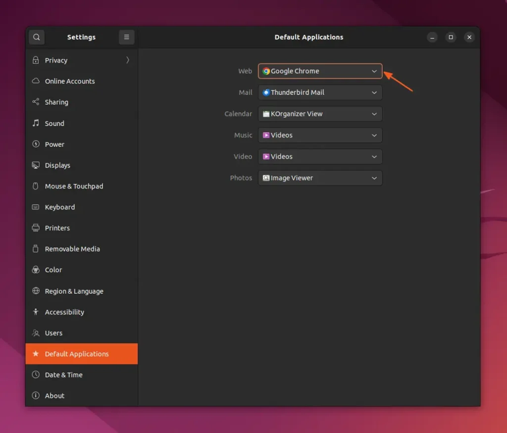 changing default web browser on GNOME DE