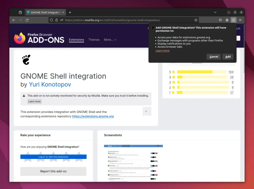 installing gnome shell integration addon on firefox