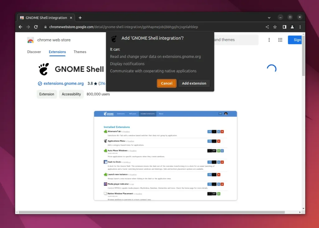 installing gnome shell integration extension on chrome