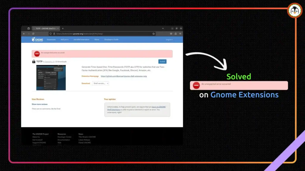 unexpected error on gnome extensions