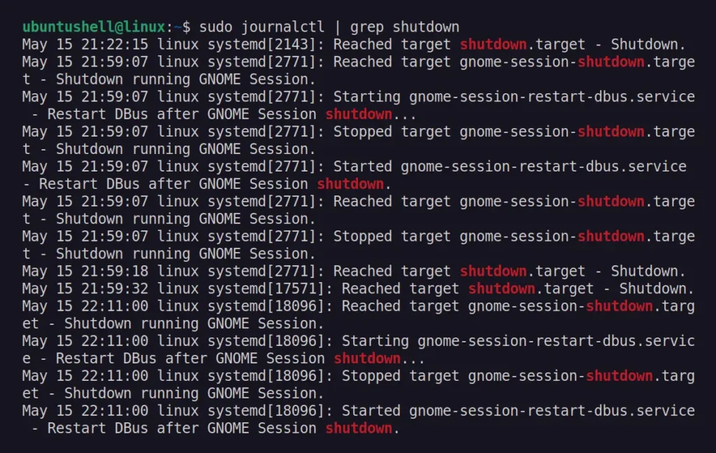 check who shutdown or rebooted the system in ubuntu